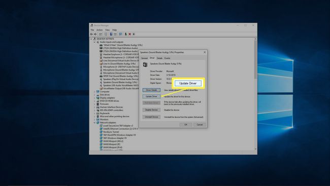 Zrzut ekranu aktualizacji sterownika audio w systemie Windows 10.