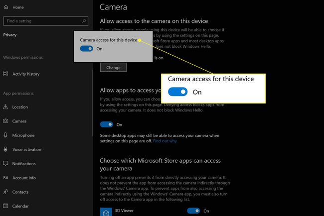 Aplicația Windows 10 Camera Privacy și comutatorul de acces la cameră evidențiate cu Activat