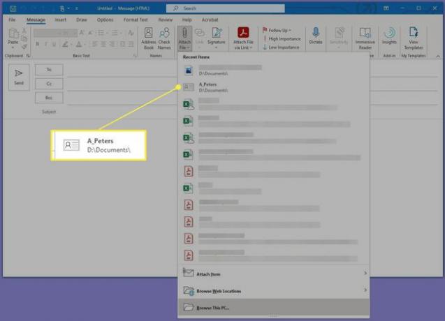 Microsoft Outlook Allega file Elenco elementi recenti con una Vcard evidenziata