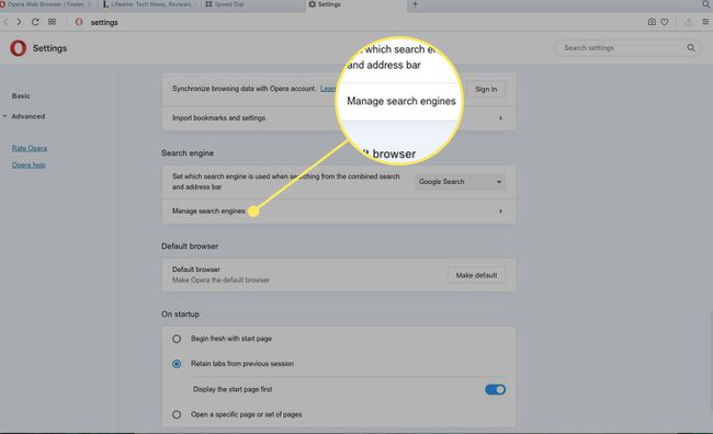 El encabezado " Administrar motores de búsqueda" en las preferencias de Opera