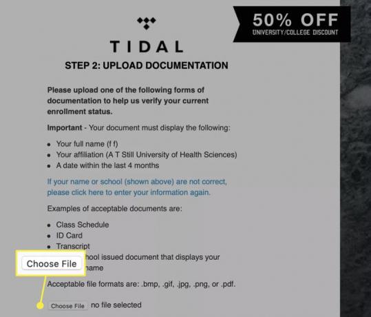 Użytkownik Tidal przesyła dokumentację potwierdzającą jego status studenta