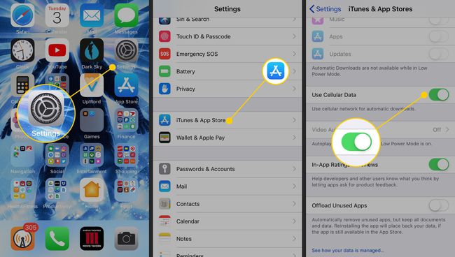 Iestatījumi, iTunes un App Store un Use Cellular Data iestatījumi iPhone tālrunī