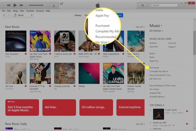 Una captura de pantalla de iTunes con el encabezado Comprado resaltado