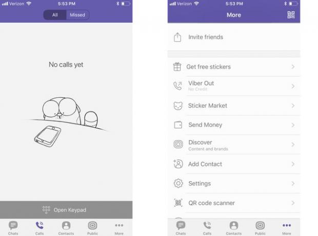 Viber 앱 통화 화면 및 옵션 메뉴