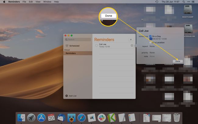 تطبيق Mac Reminder يبرز الزر تم