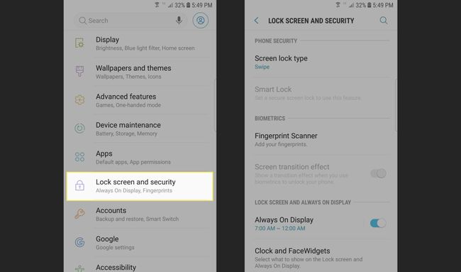 Trin til at fjerne sikkerhedsindstillinger på Galaxy S7-telefon med låseskærm og sikkerhed fremhævet