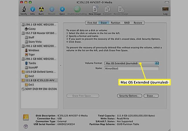 Disk Utility Volume Format, jossa Mac OS Extended (Journaled) on valittuna