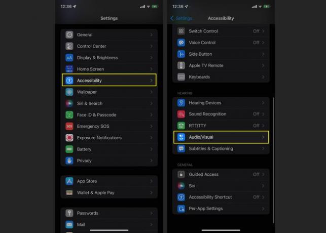 Configuración de iPhone con Accesibilidad y AudioVisual resaltados