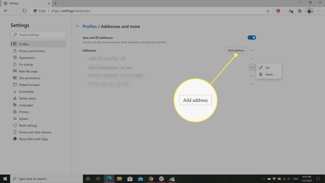 Przycisk „Dodaj adres” w Edge