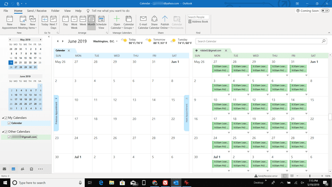 สกรีนช็อตของปฏิทิน Outlook ที่ซิงค์กับ Google ปฏิทิน