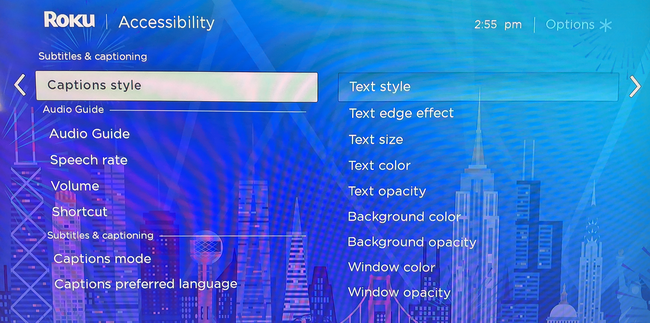 Roku कैप्शन शैली मेनू विकल्प