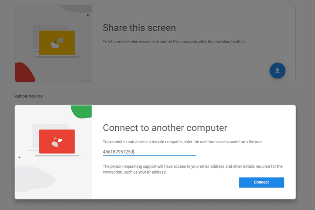 Captura de pantalla del escritorio remoto de Chrome que se conecta a la pantalla de otra computadora