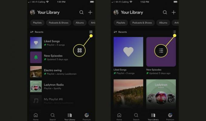 Les icônes de la vue Grille (quatre cases) et de la vue Liste sont mises en évidence dans Votre bibliothèque dans Spotify.
