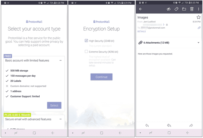 Скриншоты из почтового приложения ProtonMail для Android.