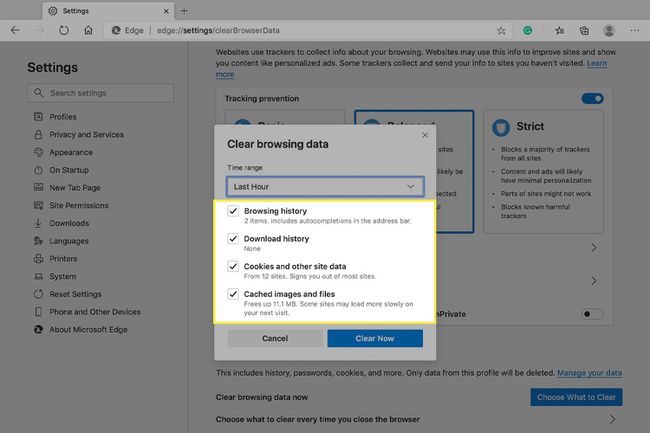 La fenêtre Effacer les données de navigation dans Edge avec les options de suppression en surbrillance