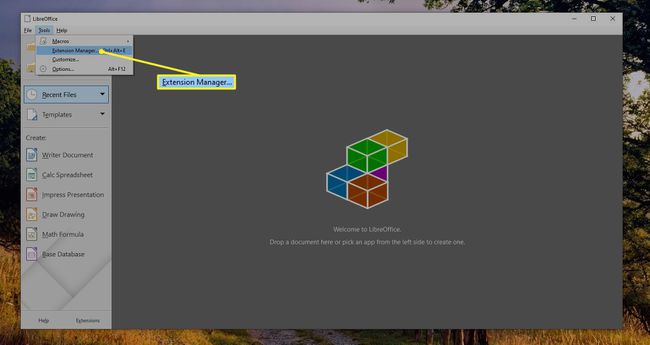 LibreOffice-polku, jossa näkyy Tools Extension Manager