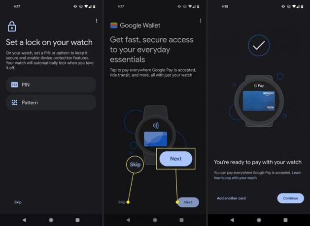 Pixel Watch iestatīšanas ekrāni PIN kodam un pakalpojumam Google maks
