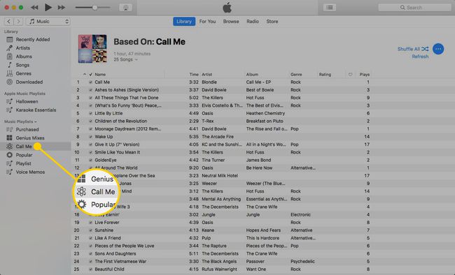 Eine Genius-Wiedergabeliste in der Überschrift Musik-Wiedergabelisten in iTunes