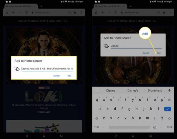 Pop-up toevoegen aan startscherm en Toevoegen gemarkeerd in Chrome-browser op Android