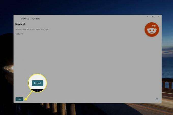 Podświetlony przycisk instalacji wsatools dla pliku apk reddit.