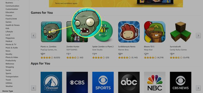 Amazon App Store, jossa on peli Plants vs. Zombies korostettuna