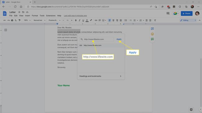 O campo Inserir link e Aplicar destacado no Google Docs