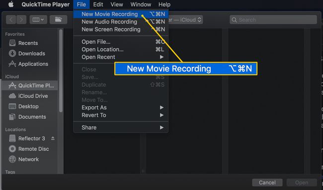 Nova opção de menu de Gravação de Filme no QuickTime Player