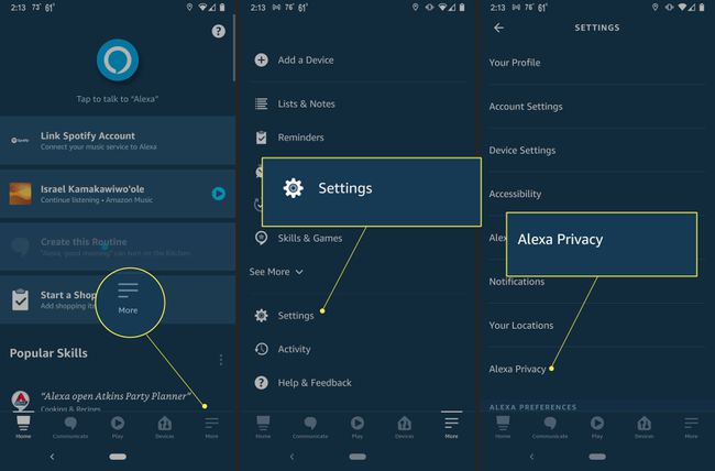 Steg att ta för att komma till Alexas sekretessinställningar, med " Mer", " Inställningar" och " Alexa Privacy" markerade i Alexa-appen