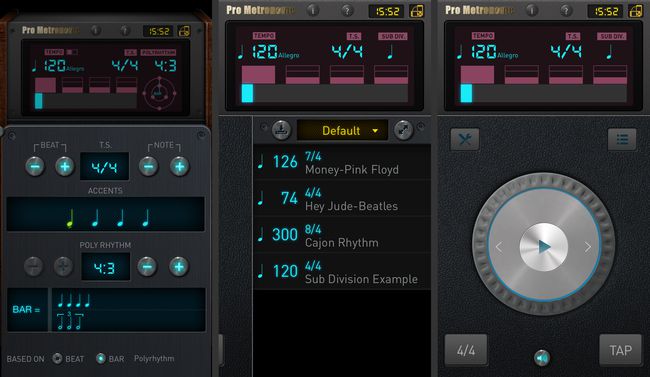 iOS用のProMetronomeアプリの3つのスクリーンショット