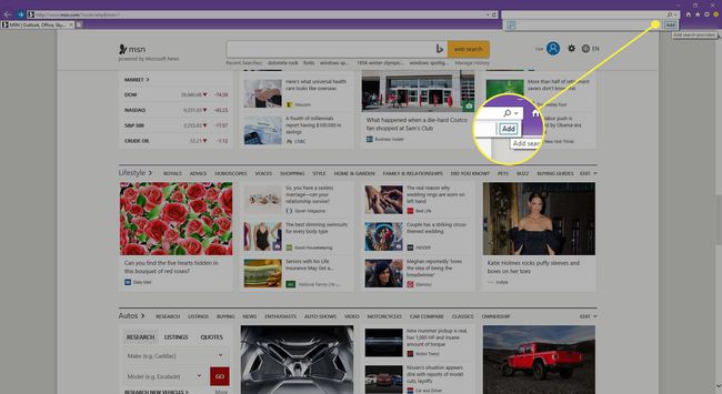Internet Explorer con el botón Agregar motor de búsqueda resaltado