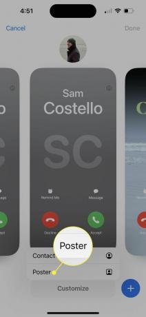 O botão Pôster destacado em um Pôster de contato existente em um iPhone.