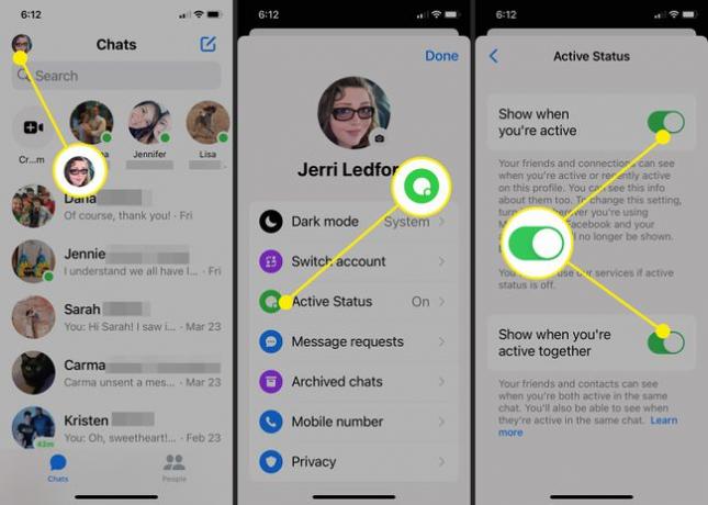 Снимци екрана који показују како да искључите Ацтиве Статус на Мессенгер-у.