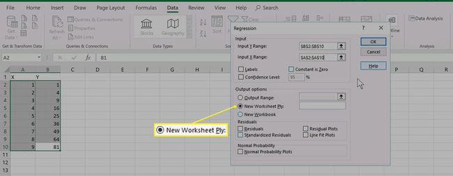 Excel-Regressionsausgabeoptionen mit ausgewählter neuer Arbeitsblattlage