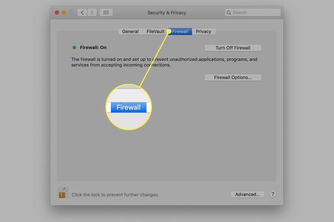 macOS უსაფრთხოებისა და კონფიდენციალურობის პრეფერენციები Firewall-ის ჩანართი ხაზგასმულია