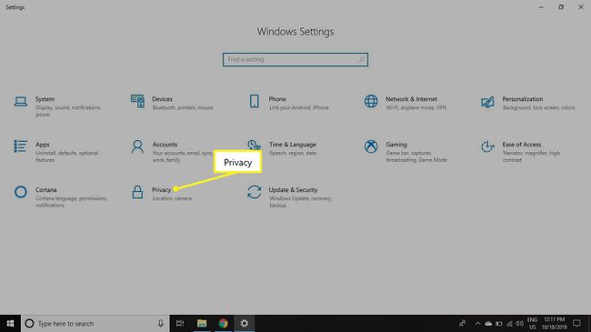 Gizlilik vurgulanmış olarak Windows Ayarları ekranı