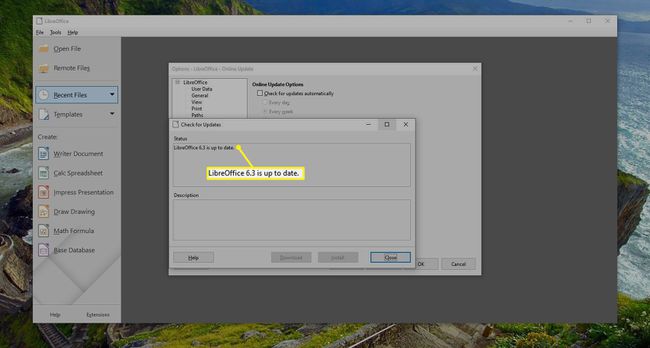 LibreOffice-päivityksen tilaikkuna