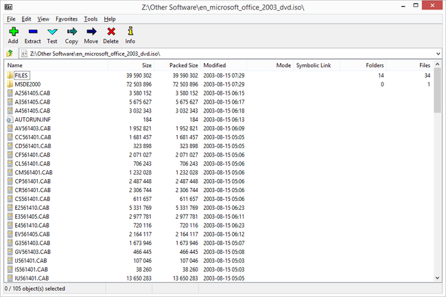 O arquivo ISO do Microsoft Office 2003 é aberto no 7-Zip