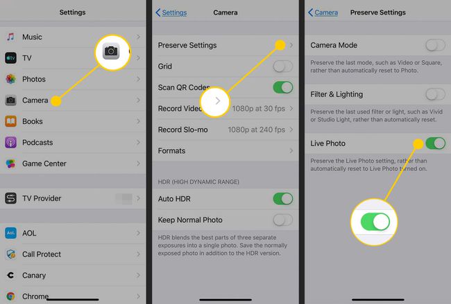 Kamera, Einstellungen beibehalten, Live-Foto in den iOS-Einstellungen