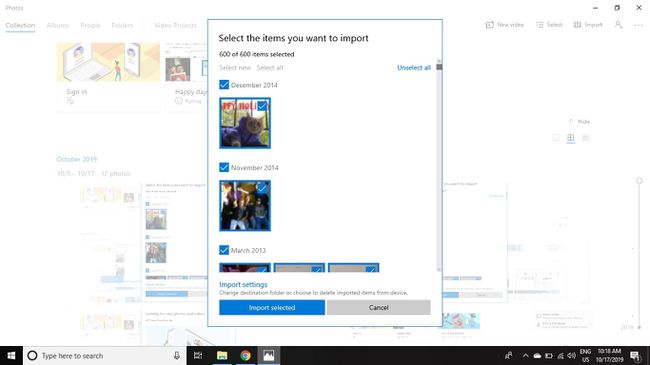 zvolte Importovat vybrané pro zahájení importu fotografií.
