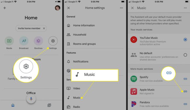 Přechod do nastavení hudby v aplikaci Google Home na iOS se zvýrazněnými Nastavení, Hudba a Odkaz na Apple Music