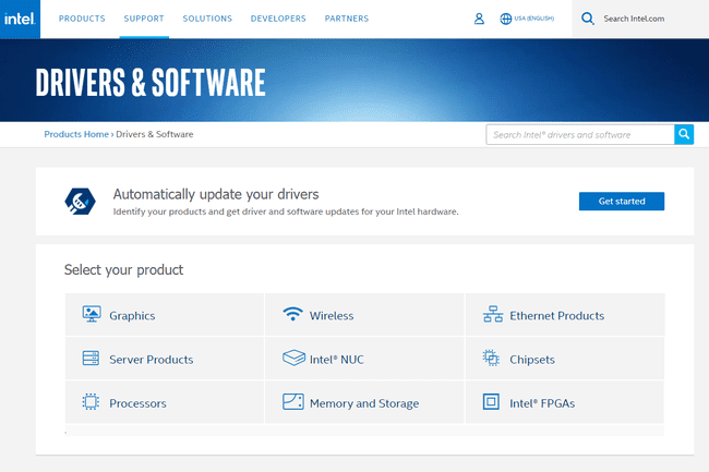 Intel Sürücüler ve Yazılım sayfası