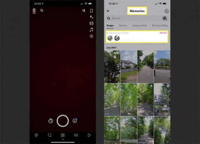 एक iPhone पर Snapchat ऐप में Snaps आयात करने के चरण।