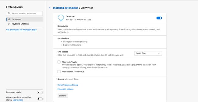 Permisos de extensión, configuración de acceso al sitio y otras opciones.