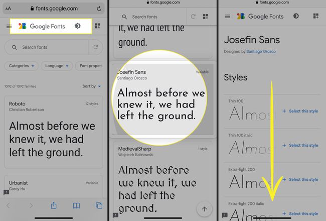 Google Fonts Safarissa, jossa Josefin Sans on korostettu ja kirjasintyylit lueteltu