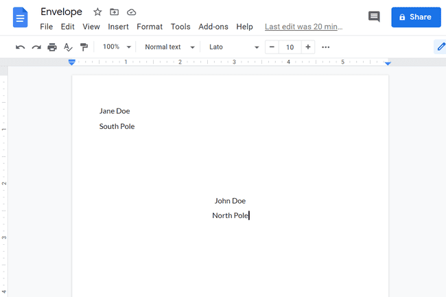 Screenshot van een envelopsjabloon in Google Docs