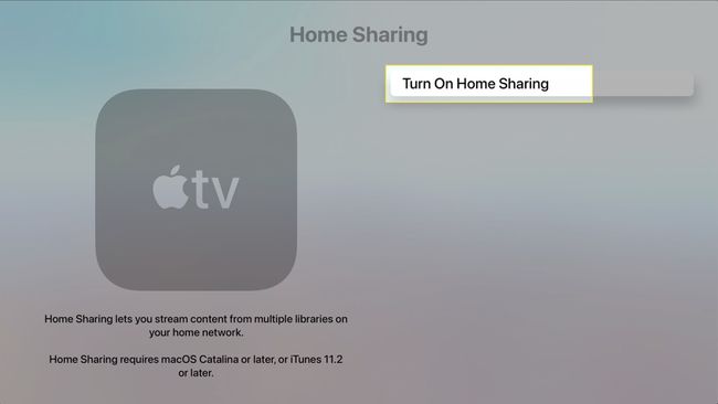 Ecranul Apple TV Home Sharing evidențiind „Activați partajarea acasă”