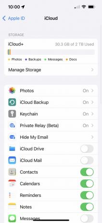 Captura de pantalla de las opciones de configuración de iCloud