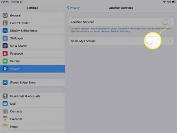 A Helyszolgáltatások beállításainak kikapcsolása iPaden