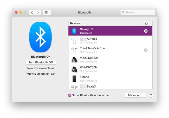 Galaxy S9 en el panel de Bluetooth en macOS