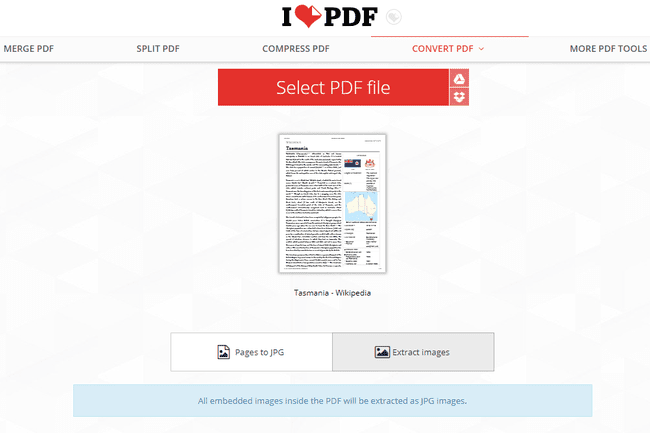 De iLovePDF-website die een PDF naar JPG converteert